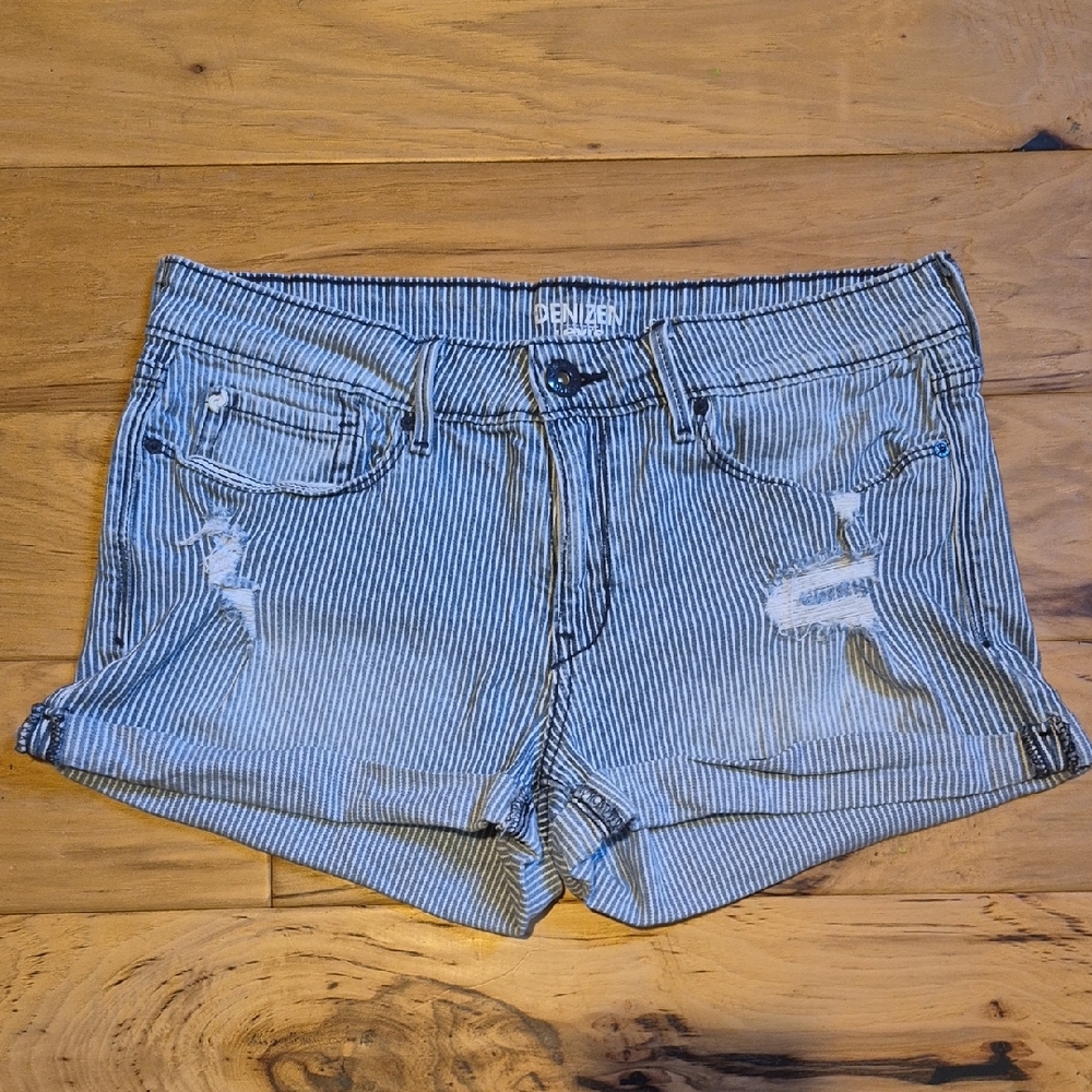 Blue And White Striped Blue Jean Shorts with Distressed Look